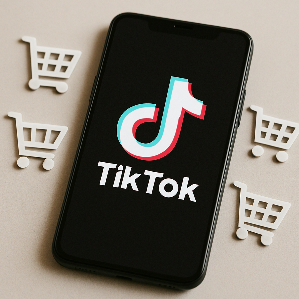 Un smartphone affichant l'application TikTok avec des icônes de panier d'achat