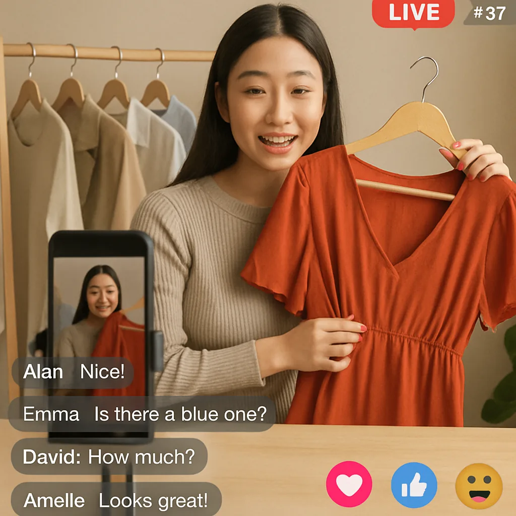 Une session de live shopping en cours avec des consommateurs interagissant en temps réel